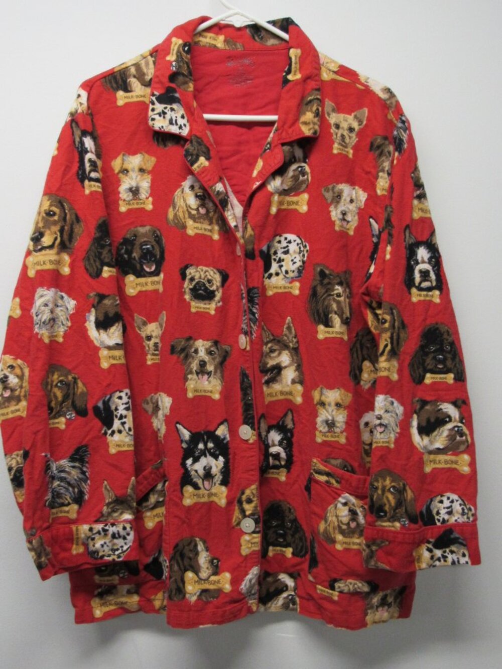 Nick & Nora Milk Bone Flannel Red Long Sleeve Pajama Top XXL Pockets Dogs Button